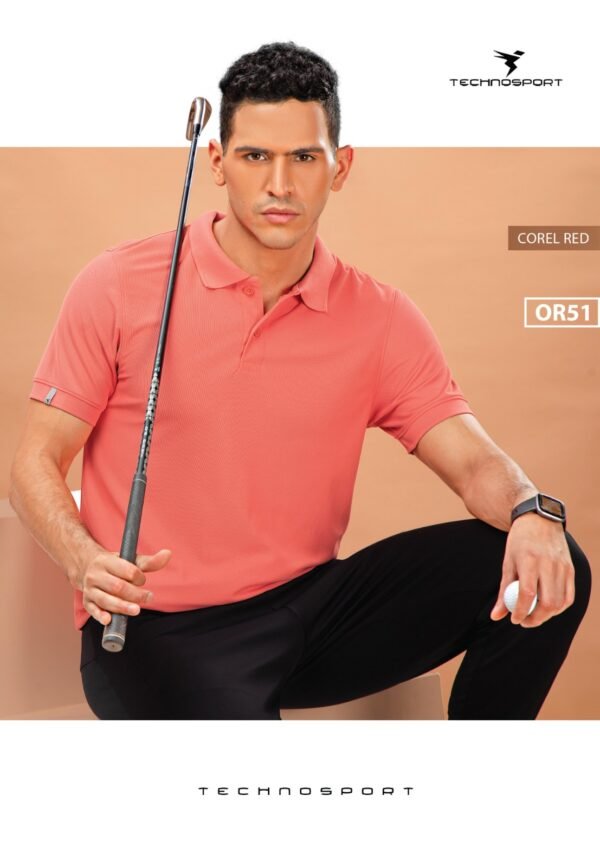 OR-51 CORAL RED MEN'S SOLID PIQUE SLIM FIT POLO T-SHIRT - Image 3