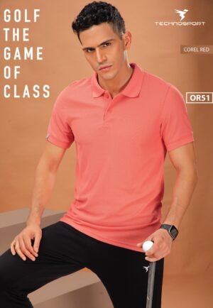 OR-51 CORAL RED MEN'S SOLID PIQUE SLIM FIT POLO T-SHIRT